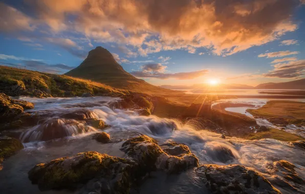 The sky, water, clouds, stones, dawn, mountain, Iceland