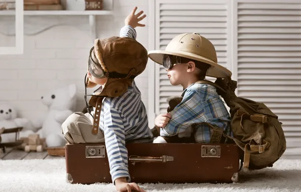 Children, the game, toys, hat, glasses, suitcase, backpack, bears