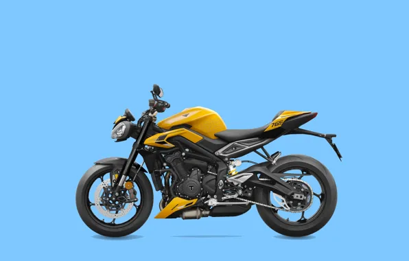 Picture side view, blue background, Triumph, 2023, Cosmic Yello, Motorcycle Street, Triumph Street Triple 765 RS