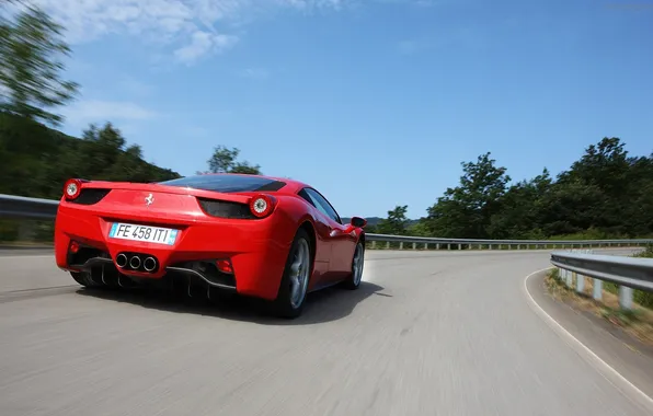 Picture road, the sky, red, Ferrari, supercar, Ferrari, 458, rear view