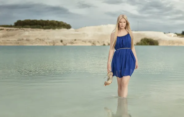 Girl, blue, lake, dress, blonde, shoes, girl, Nathan Photography