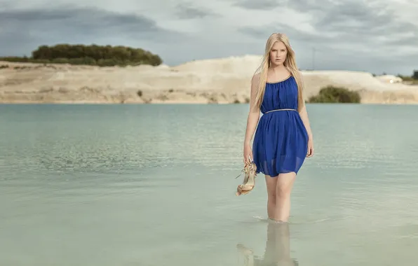 Girl, lake, dress, blonde, shoes, girl, blue, Nathan Photography
