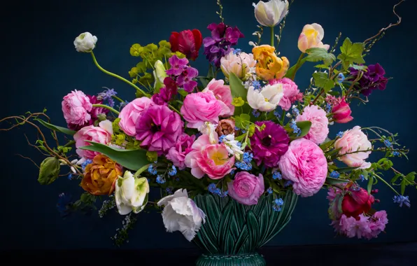 Flowers, background, roses, bouquet, tulips, vase, forget-me-nots, Ranunculus