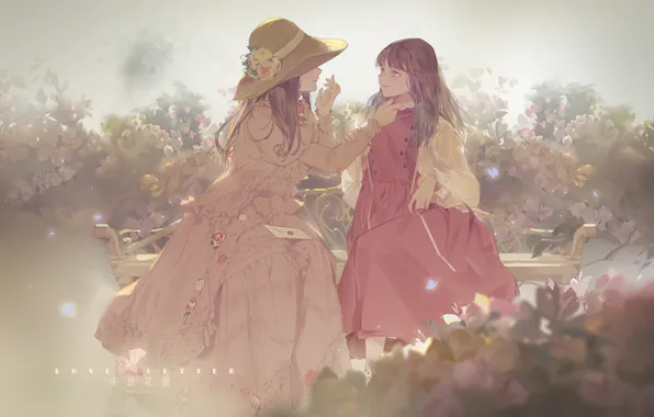 Letter, hat, red dress, girlfriend, in the garden, on the bench, two girls, rose bushes