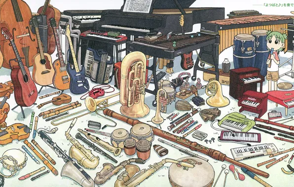 Guitar, piano, girl, drums, green hair, a lot, musical instruments, keyboards