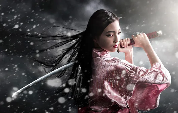 Picture girl, sword, art, asian, japanese, kimono
