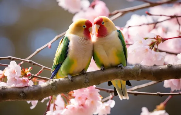 Light, love, flowers, birds, branch, green, parrot, parrots
