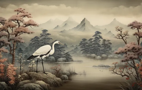 Nature, bird, painting, Heron, AI art, neural network
