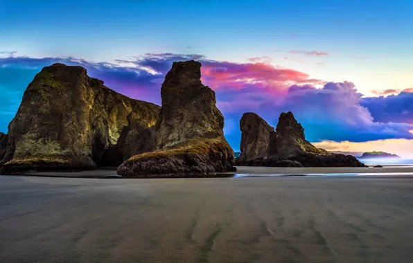 Picture sea, rocks, shore, tide, glow