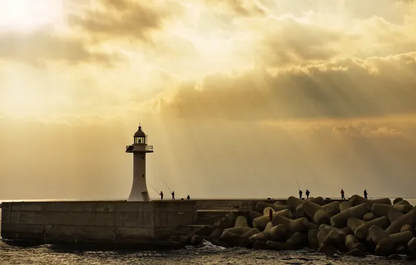 Picture sea, fishing, lighthouse, the rays of the sun