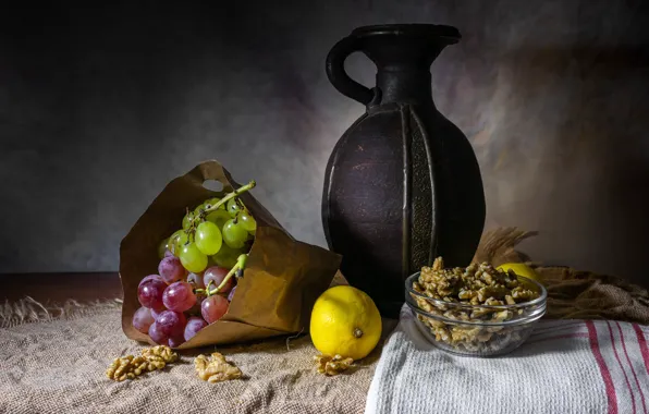 Table, lemon, towel, package, grapes, fabric, pitcher, fruit