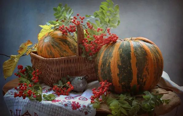 Leaves, branches, table, background, basket, berry, pumpkin, still life