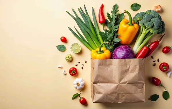 Package, bow, pepper, vegetables, tomatoes, garlic, broccoli