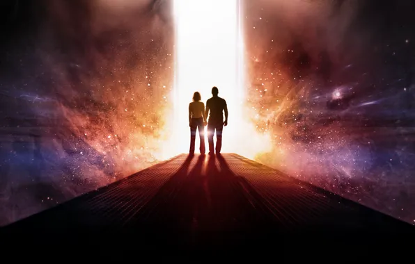 Space, stars, light, fiction, Passengers, two, silhouettes, poster
