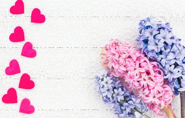 Flowers, bouquet, hearts, pink, blue, pink, flowers, hearts
