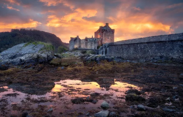 Picture sunset, stones, castle, shore, Scotland