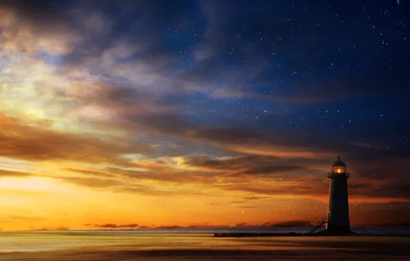 Picture sea, the sky, stars, sunset, lighthouse, art