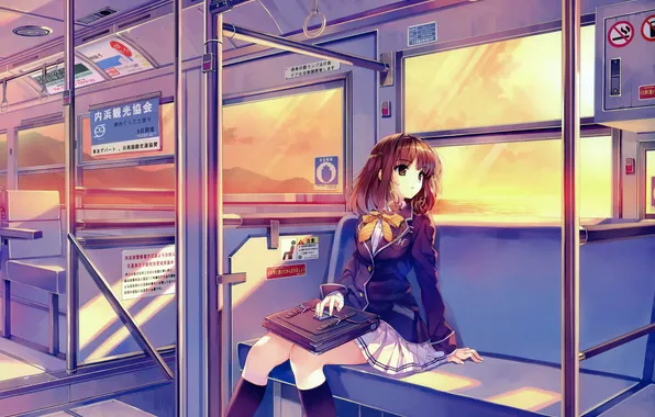 Picture girl, train, form, schoolgirl, portfolio, looking out the window