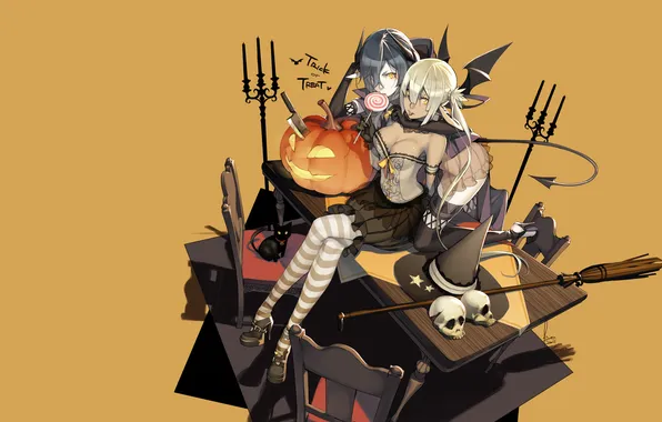 Picture cat, table, girls, chairs, pumpkin, skull, broom, demons