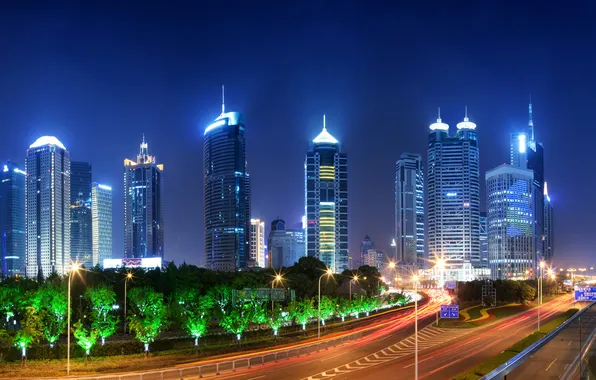 Night, lights, skyscrapers, lights, China, Shanghai, freeway, megapolis