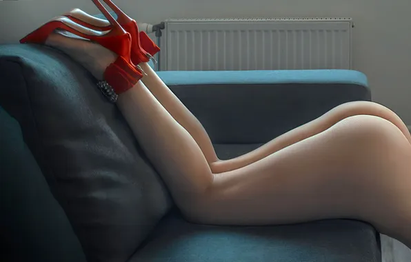 Girl, sofa, feet, shoes, view