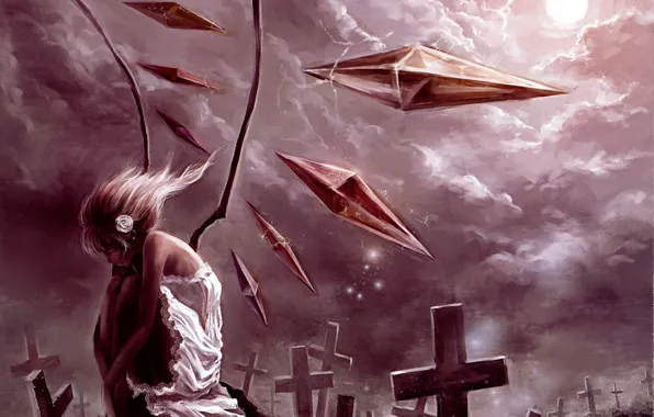 Sadness, flower, girl, the moon, graves, rose, wings, dress