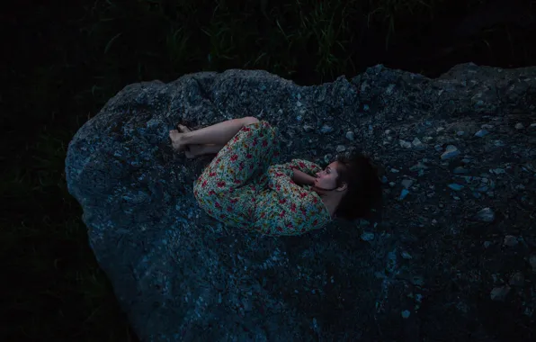 Sadness, girl, nature, pose, the dark background, stone, dress, lies