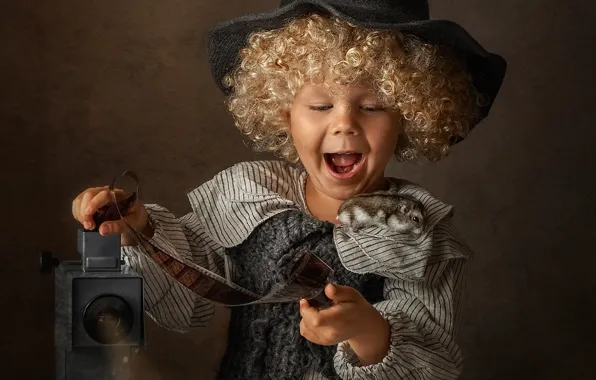 Joy, hat, boy, hamster, baby, costume, curls, child