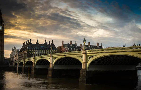 Clouds, bridge, the city, river, watch, London, building, tower