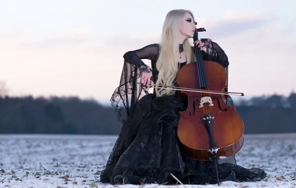 Winter, Snow, Blonde, Violin, Black Dress, Maria Amanda, Stock, Winters Melody