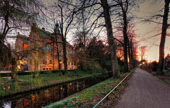 Road, autumn, trees, lights, castle, the evening, channel, Netherlands