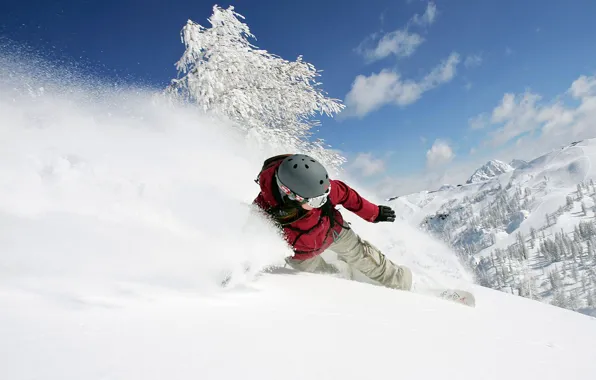 Picture winter, girl, snow, mountains, snowboard, the descent, helmet, adrenaline