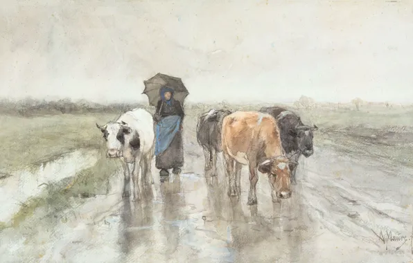 Picture animals, figure, umbrella, watercolor, Anton Mauve, Cows and Shepherdess on a Country Road in the …