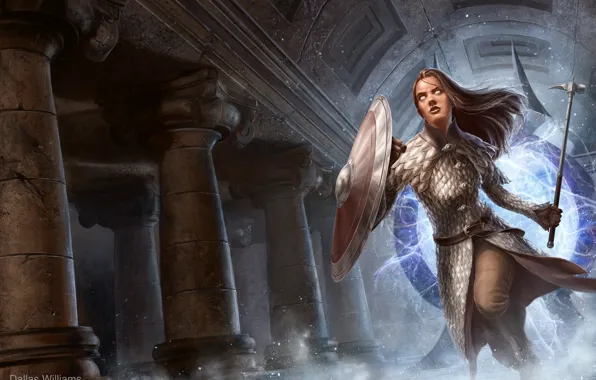 Girl, woman, figure, the portal, hammer, fantasy, art, columns