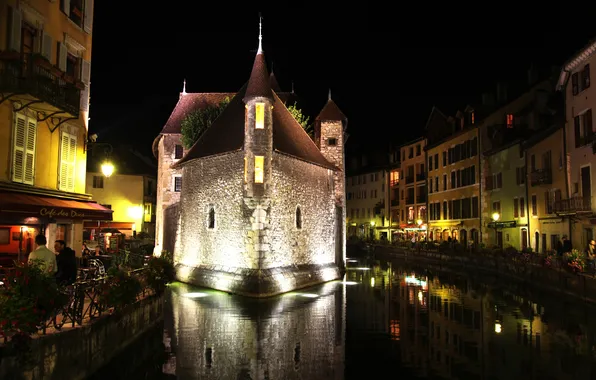 The sky, night, lights, river, France, home, channel, Annecy