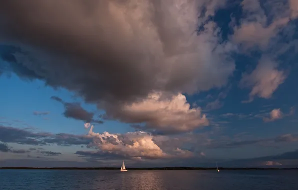 Sea, the sky, clouds, sail