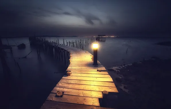 Night, bridge, lake, lamp