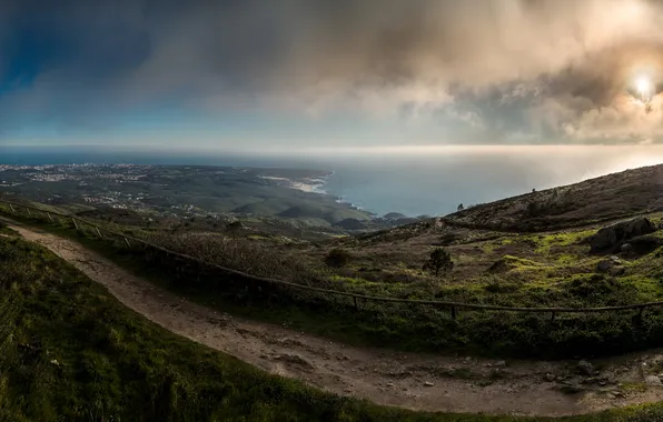 Sea, the sky, the sun, clouds, coast, trail, Portugal, Lisbon