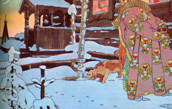 Winter, snow, house, the moon, dog, Bilibin Ivan Yakovlevich (1876-1942), Tsar Saltan-1, A collection of …