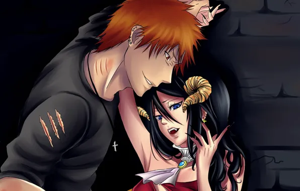 Romance, pair, horns, scratches, guy, Bleach, Bleach, demoness