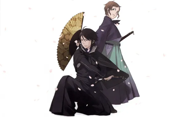 Katana, fan, Japanese clothing, cherry blossoms, the guy with the girl, by Yuusuke Kozaki, Yuyama …