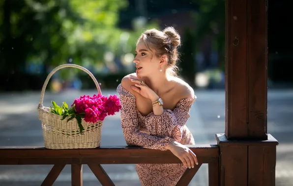 Picture girl, flowers, pose, neckline, basket, shoulders, Dmitry Shulgin
