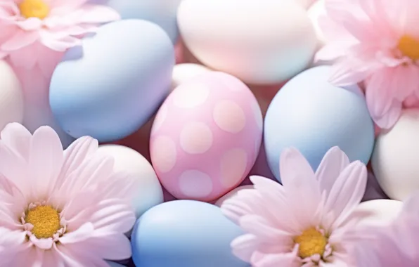 Flowers, holiday, eggs, spring, blue, Easter, pink, bokeh