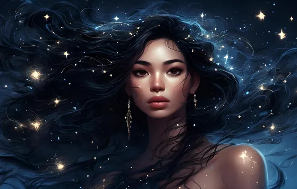 Look, girl, stars, night, lights, the dark background, the wind, figure