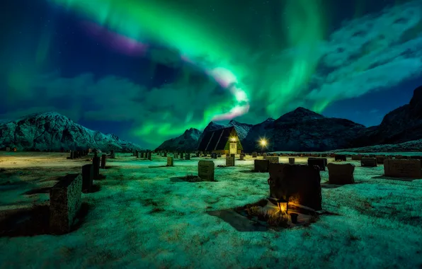 Picture mountains, night, Northern lights, lantern, cemetery
