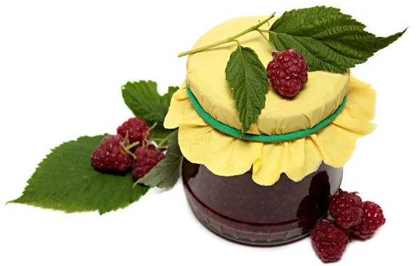 Picture leaves, red, berries, raspberry, Bank, white background, jam