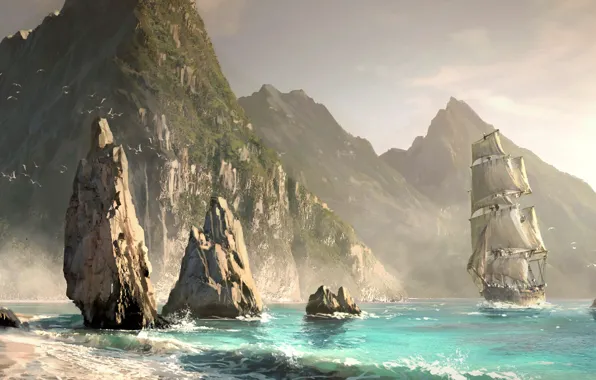 Picture sea, the sky, rocks, bird, shore, ship, Nassau coast