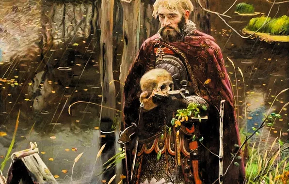 River, rain, skull, picture, cloak, painting, grave, Paul Ryzhenko
