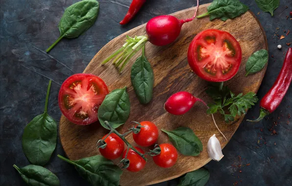 Pepper, vegetables, tomatoes, tomatoes, radishes, cutting Board, Basil