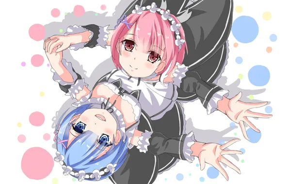 Shadow, white background, blue hair, bezel, pink hair, hands, twin sisters, look up